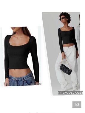 NWT QINSEN Ribbed Scoop Neck Long Sleeve Top Black Fitted Y2K Size L
